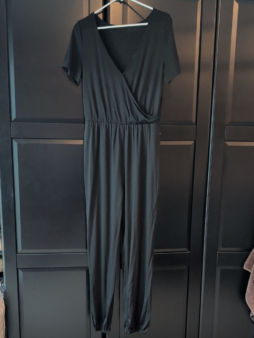 Black Short Sleeve Surplice Jumpsuit